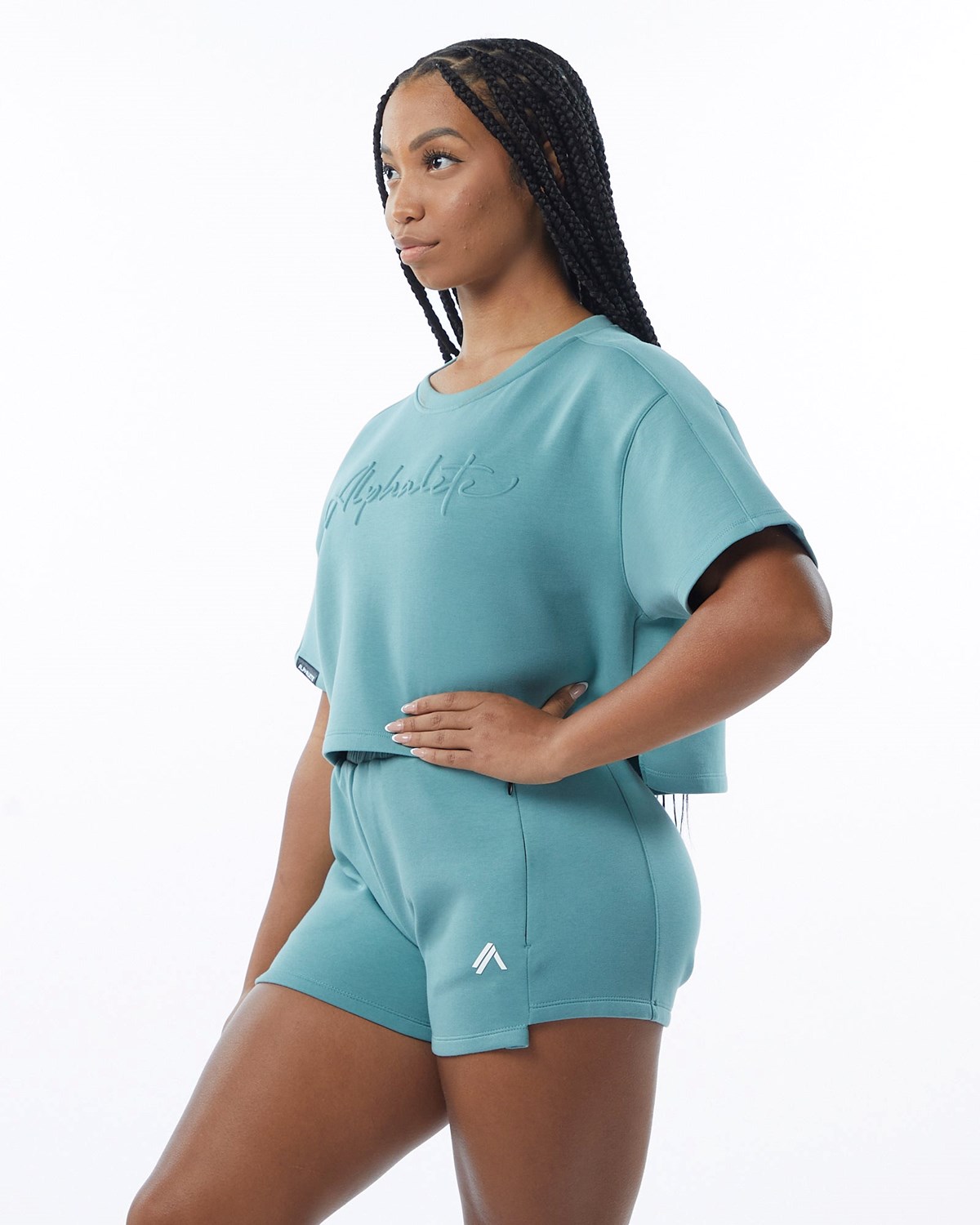 Teal Alphalete Interlock Knit Crop Pullover | ILRYUA168