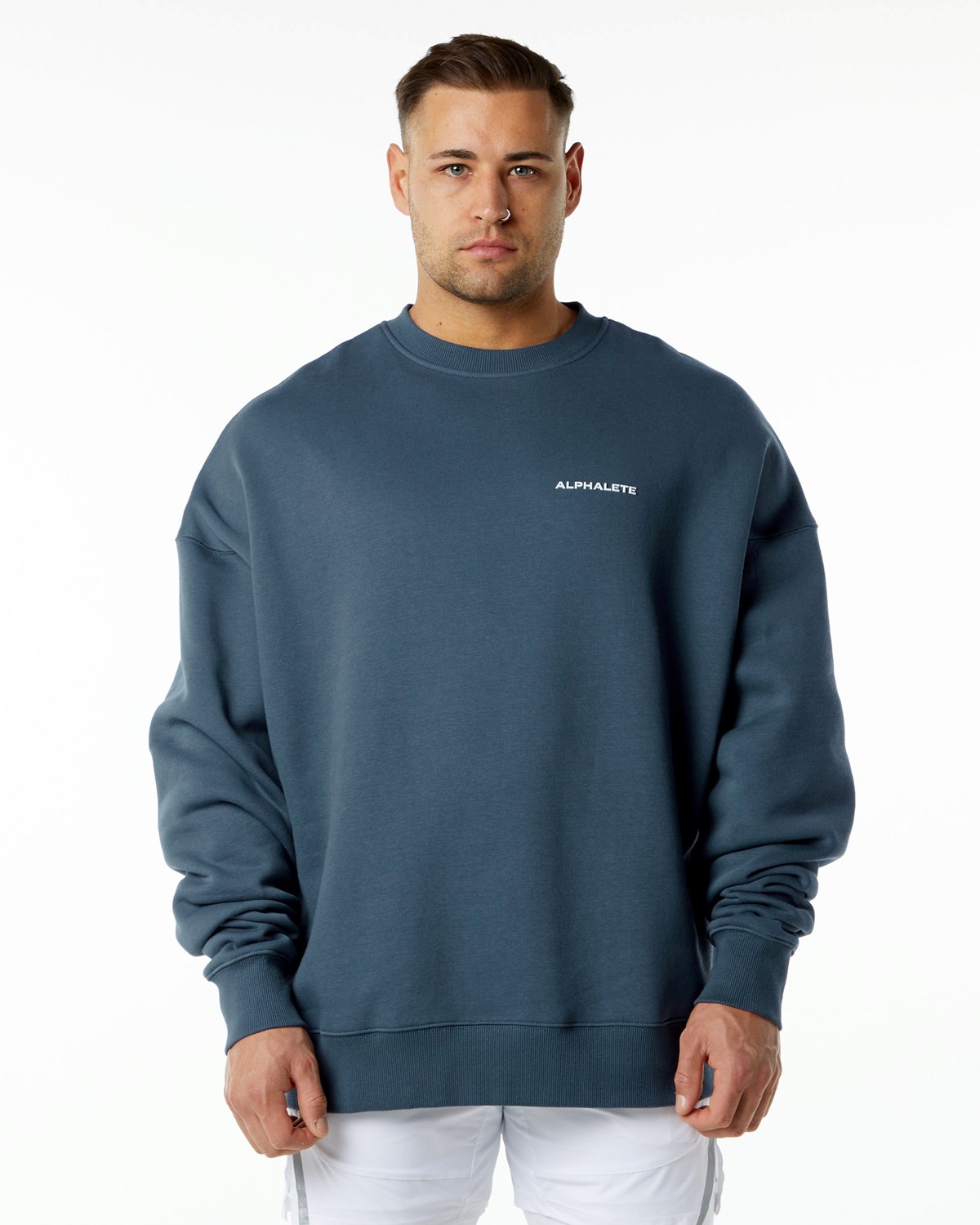 Whale Blue Alphalete Brushed Fleece Crewneck Sweater | NXGZDM740