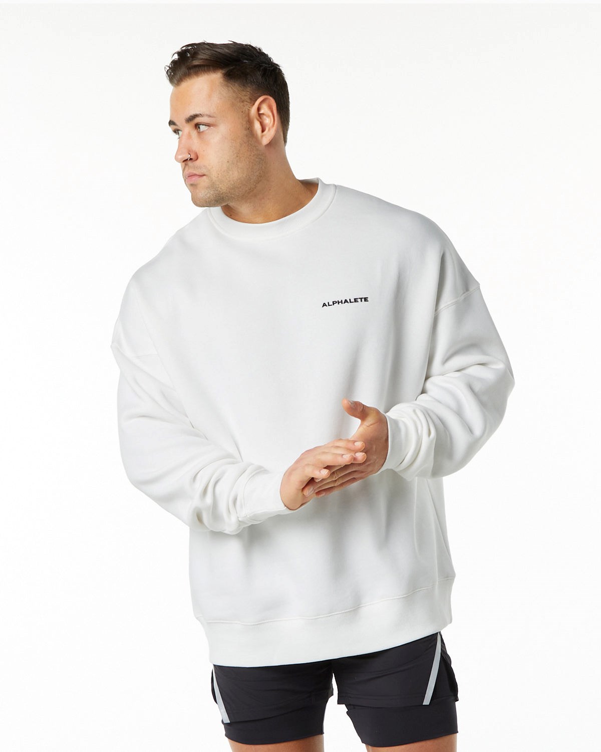 White Alphalete Brushed Fleece Crewneck Sweater | KXVQSW294