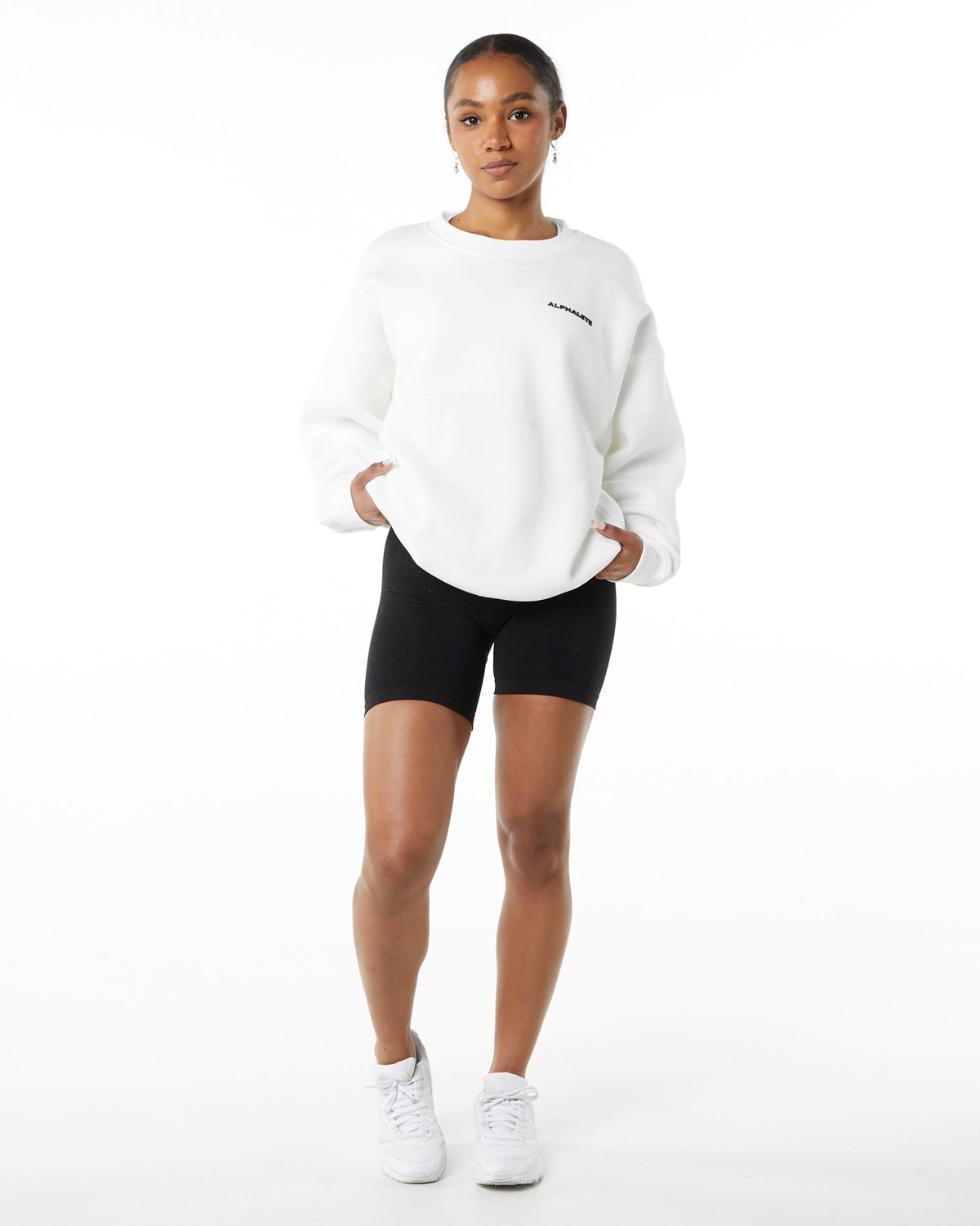 White Alphalete Brushed Fleece Crewneck Sweater | SJKVIY647