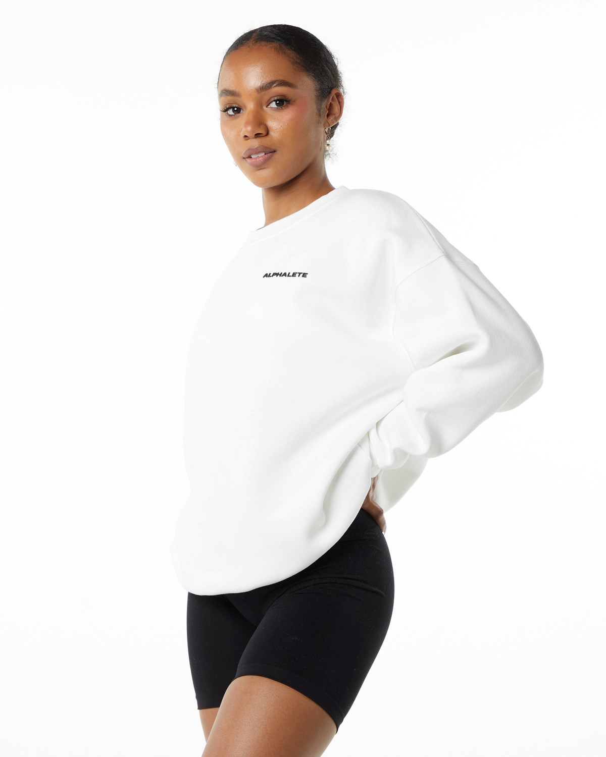 White Alphalete Brushed Fleece Crewneck Sweater | SJKVIY647