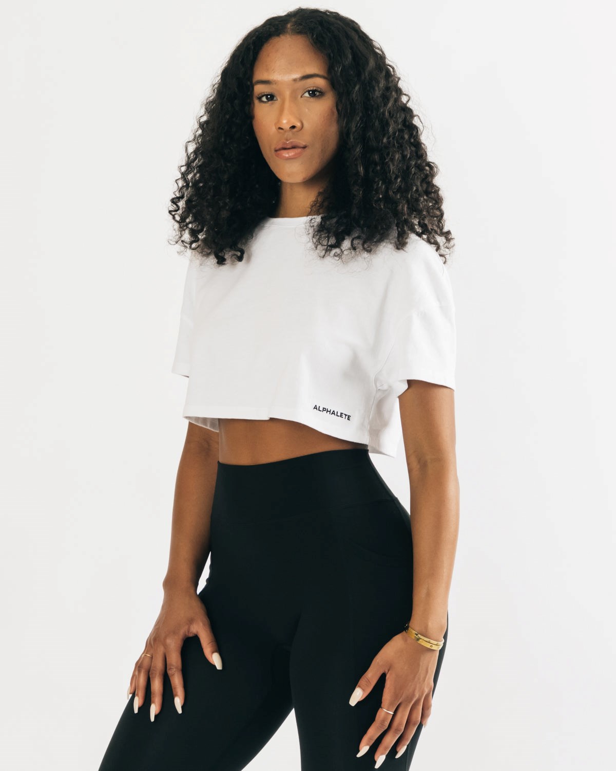 White Alphalete Heavy Cotton Dropped Shoulder Crop | YXIQWZ542