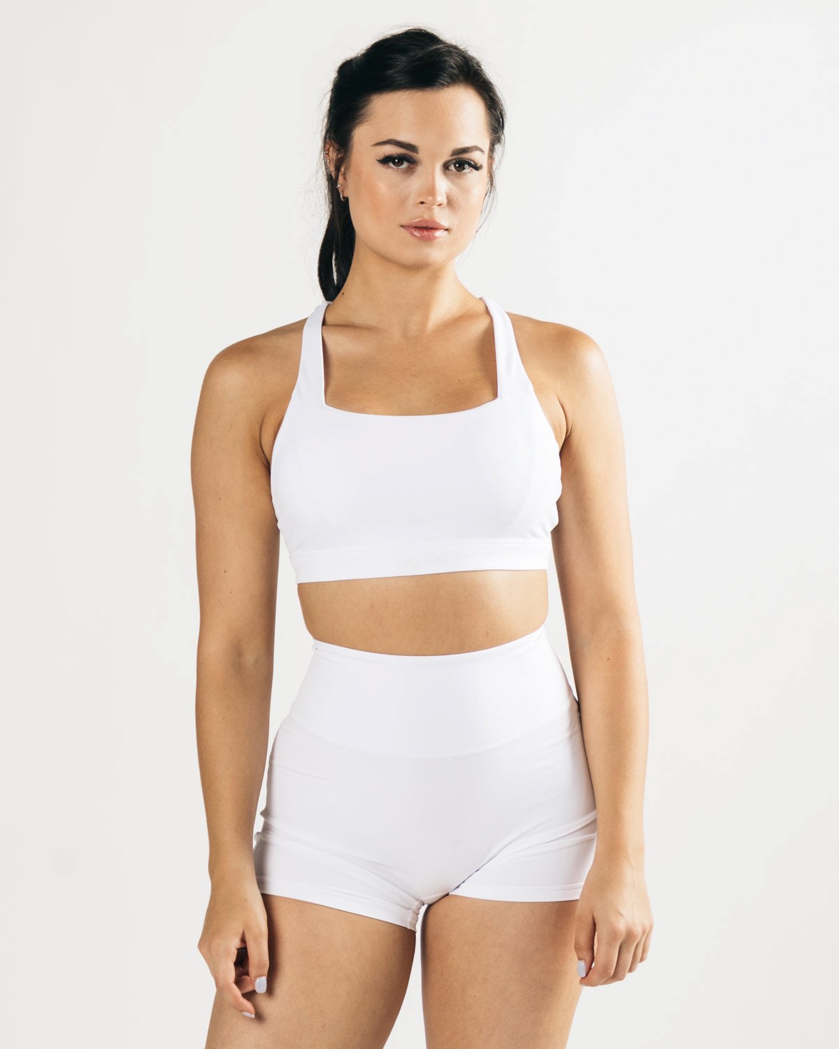 White Alphalete Medium-Support Strap Open Back Sports Bra | OEMZXJ437